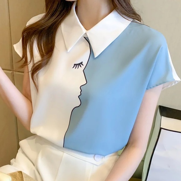 Women’s Elegant Casual Printed Top | Blouse with Stand Collar and Short Sleeve - Picture 2 of 8